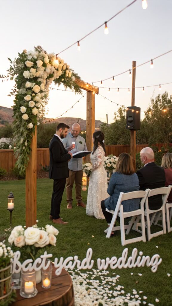 Backyard wedding with string lights, flowers and white wooden chairs