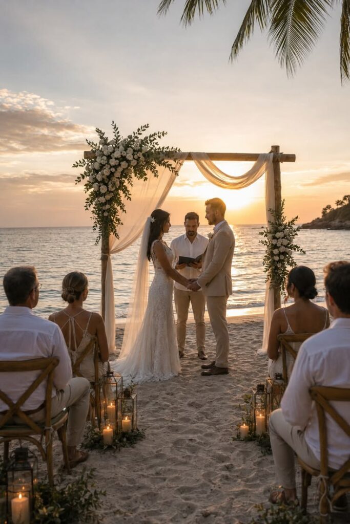 Beach wedding at sunset