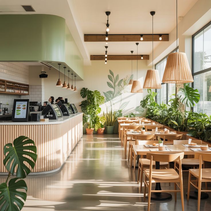 Biophilic office design with plants and daylight