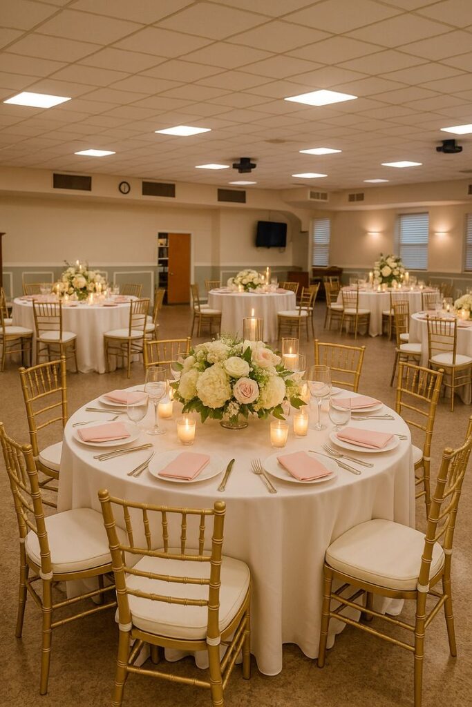 Community center set up for a wedding reception