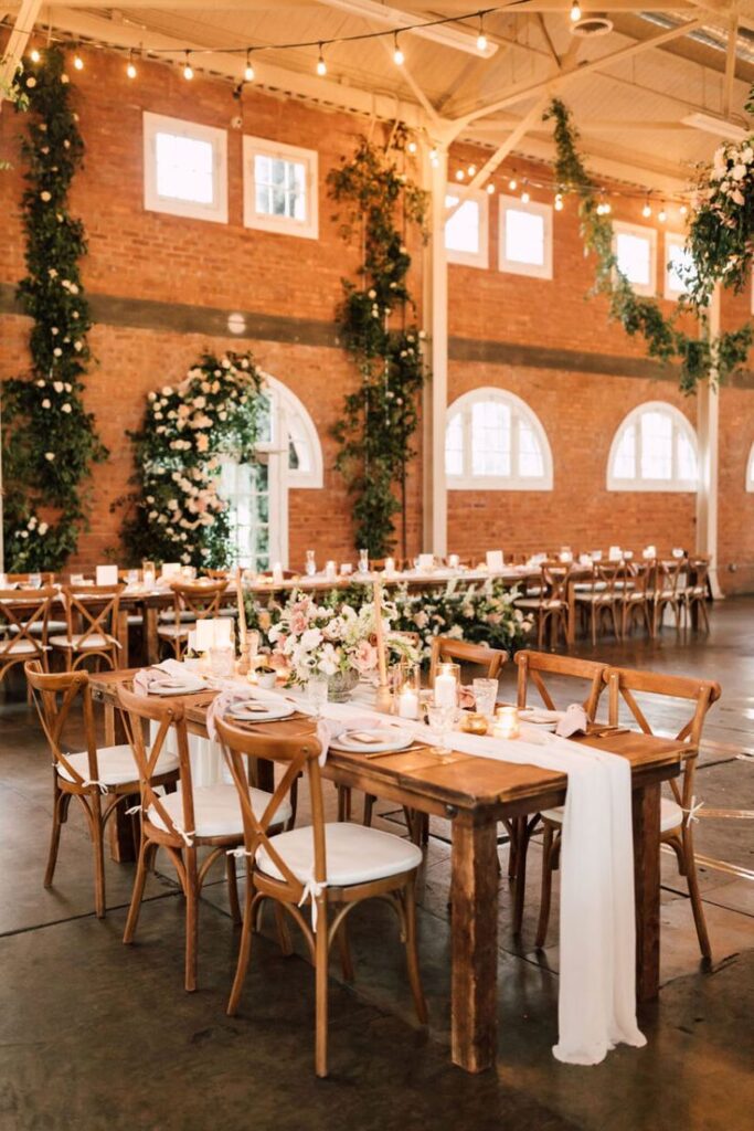 Warehouse wedding reception with brick walls